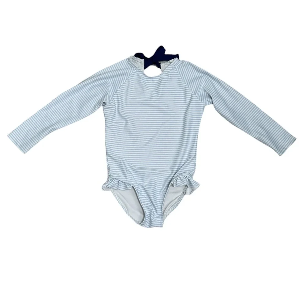 Minnow Swim Girls 5/6 One Piece Swimsuit Long Sleeve Rashguard Blue Striped